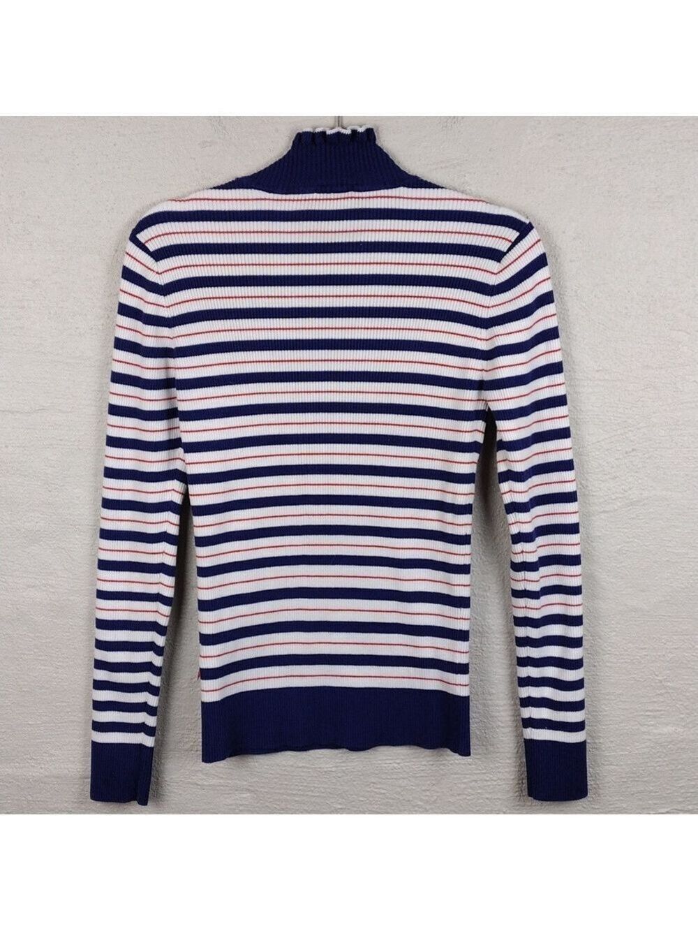 Scotch & Soda Red White Blue Striped Mock Neck Long Sleeve Ribbed Knit Top - Picture 9 of 12